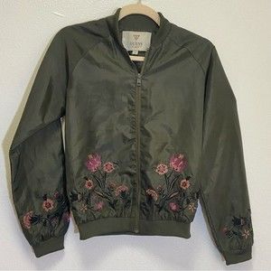 Guess Olive Green Bomber Jacket with Pink Floral Embroidery
